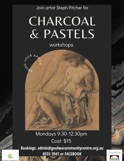 Join artist Steph Pitcher for Charcoal and Pastels workshops. Bring your apron. Mondays 9.30am to 12.30pm. Cost is $15. Book at admin@goolwacommunitycentre.org.au or phone 8555 3941.