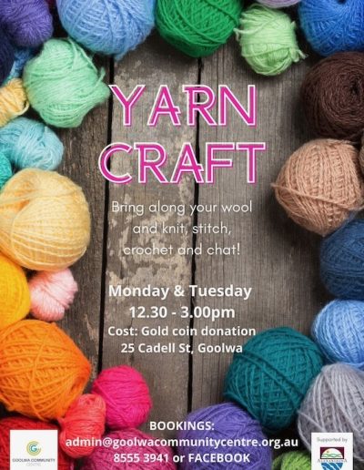 Yarn craft. Bring along your wool and knit, stitch, crochet and chat! Monday and Tuesday 12:30 to 3pm at the Goolwa Community Centre. Cost is a gold coin donation. Book at admin@goolwacommunitycentre.org.au or phone 8555 3941.