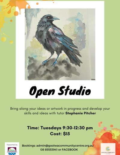 Open Studio. Bring along your ideas or artwork in progress and develop your skills with tutor Stephanie Pitcher. Tuesdays 9:30am to 12:30pm. Cost is $15. Book at admin@goolwacommunitycentre.org.au or phone 8555 3941.