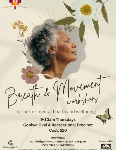 Breath and movement workshops for better mental health and wellbeing. 9am to 10am Thursdays at Goolwa Oval and Recreational precinct. Cost is $10. Book at admin@goolwacommunitycentre.org.au or phone 8555 3941.
