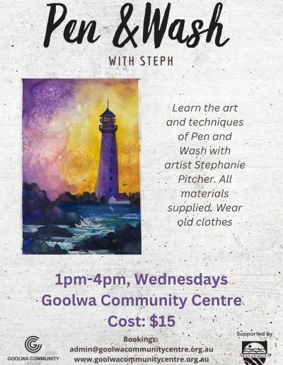 Pen and Wash with Steph. Learn the art and techniques of Pen and Wash with artist Stephanie Pitcher. All materials supplied. Wear old clothes. Wednesdays 1pm to 4pm. Cost is $15. Book at admin@goolwacommunitycentre.org.au or phone 8555 3941.