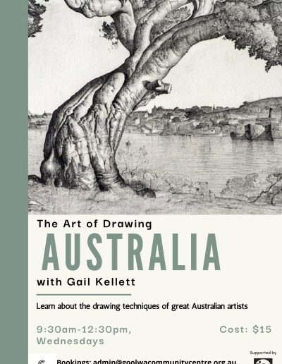 The art of drawing Australia with Gail Kellet. Learn about the drawing techniques of great Australian artists. Wednesdays 9:30am to 12:30pm. Cost is $15. Book at admin@goolwacommunitycentre.org.au or phone 8555 3941.